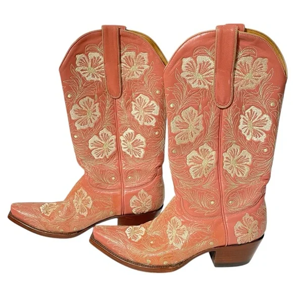 Old Gringo Boots Pink Embroidered Flowers Womens 8 Cowgirl Bride Princess Barbie - Picture 3 of 8